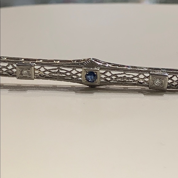 Edwardian Art Deco Antique 14K White Gold Bar Pin with Sapphire and Diamonds - Picture 3 of 7
